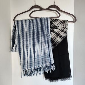 2 tie-dyed scarfs wraps sarongs blue black fringe